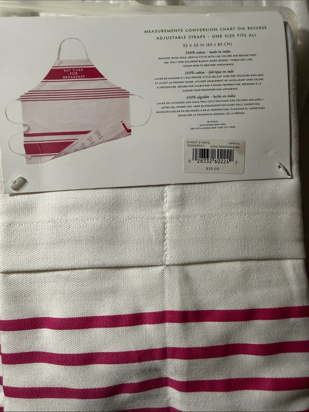 kate spade White and Raspberry Pink Striped Apron with Slogan